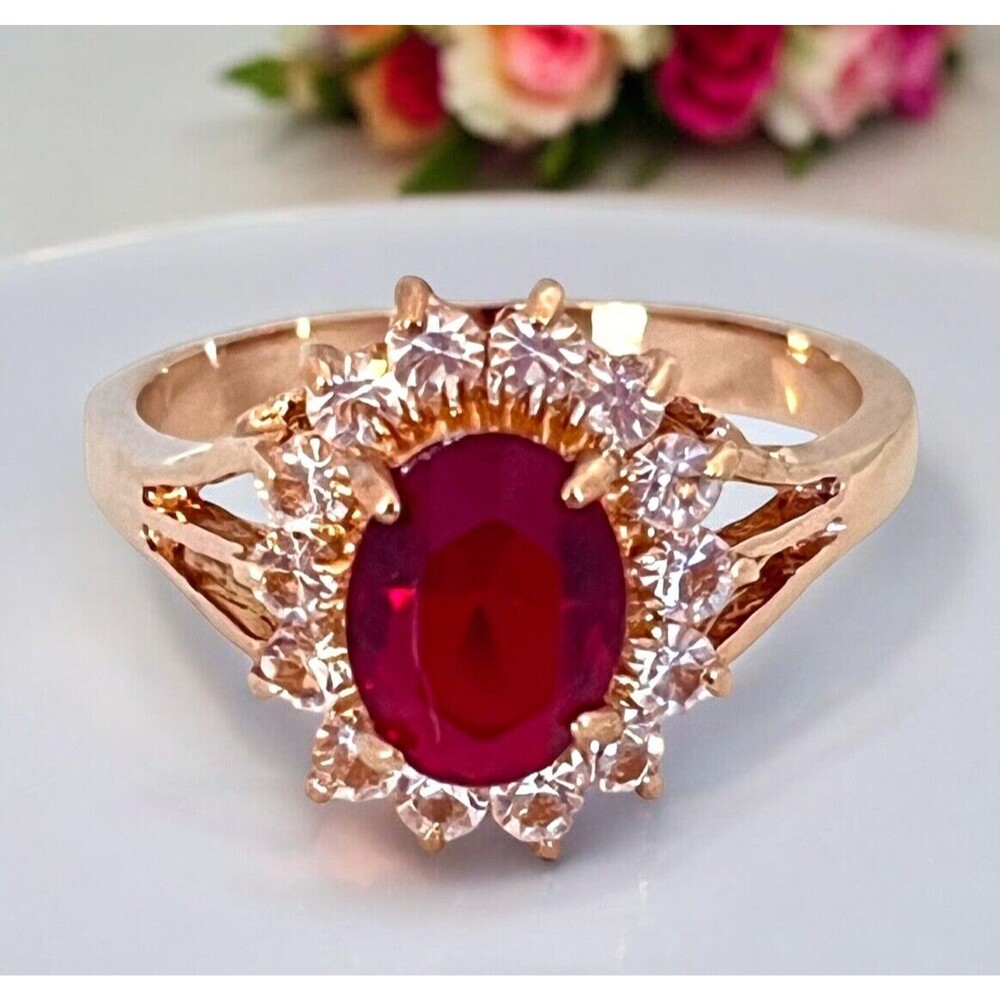 Vintage 1970s Austrian Crystal Ring Size 8 Red Center Stone 14K Gold Plate - 6A